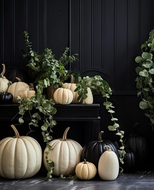 white and black pumpkins with green leaves on the top sitting on a shelf in front of a black wall