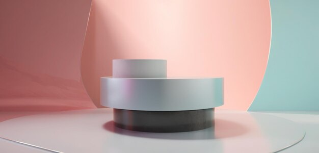 A white and black round podium with a pink background.