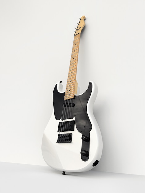 Photo white and black six-string electric guitar on a white background, leaning against the wall