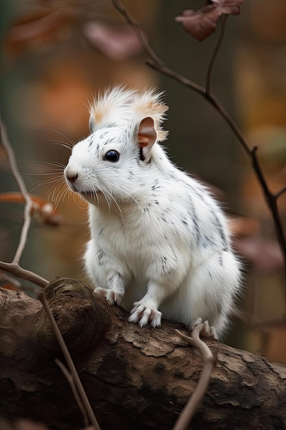 A white and black striped guinea pig sits on a branch.