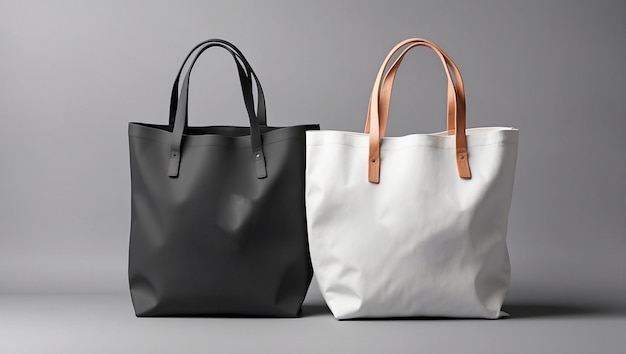 White and black tote bags mockup on a grey background