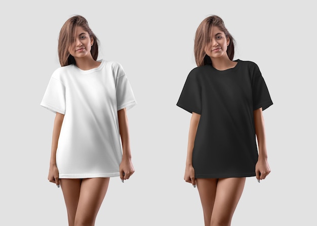 White and black Tshirt on a halfnaked girl. Set of clothes