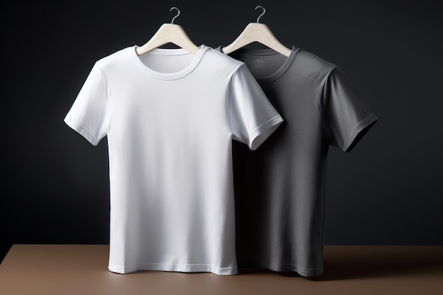 White and black tshirts on a hanger on a dark background mockup