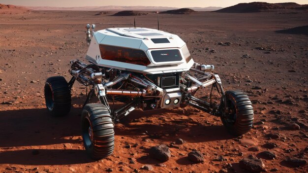 Photo white and black vehicle on dirt field