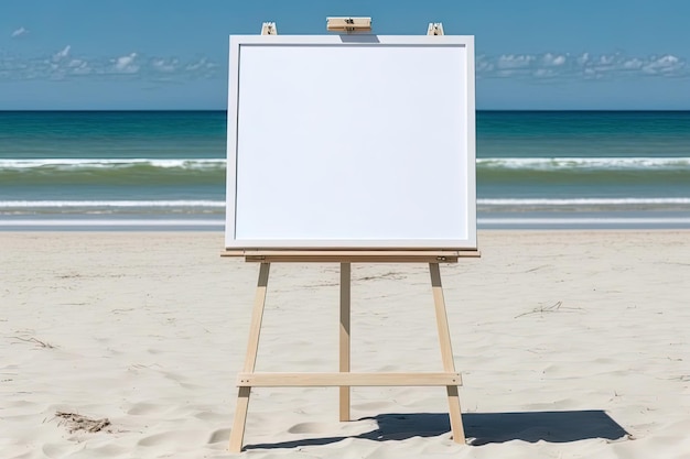 White blank artist frame on a small wooden easel on summer sea beach background with copy space Advertising mockup artboard for pictures or artwork Painting frame template banner Generative AI