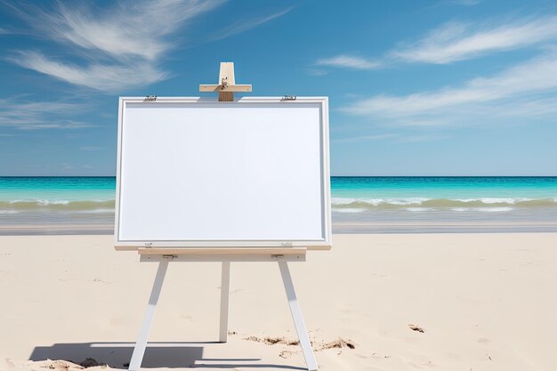 White blank artist frame on a small wooden easel on summer sea beach background with copy space Advertising mockup artboard for pictures or artwork Painting frame template banner Generative AI