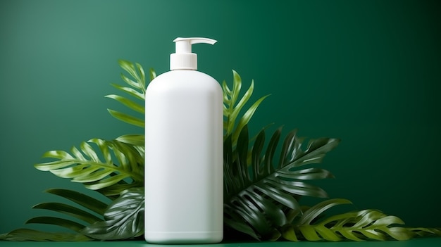 White blank bottle with tropical leaves