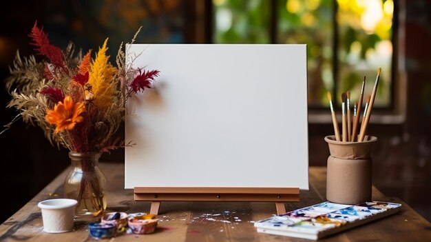 a white blank canvas is on a table with a white board and a vase with flowers in it.