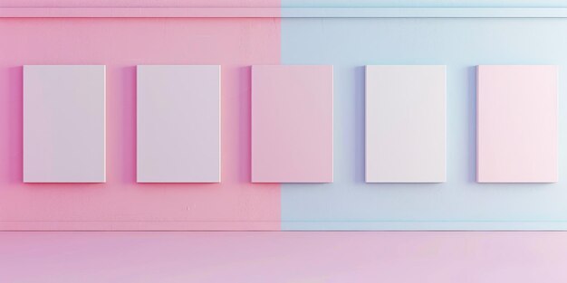 Photo white blank canvases in row on pink and blue background copy space mock up