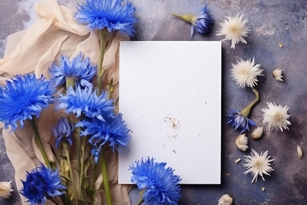 White blank card on cornflowers with copy space