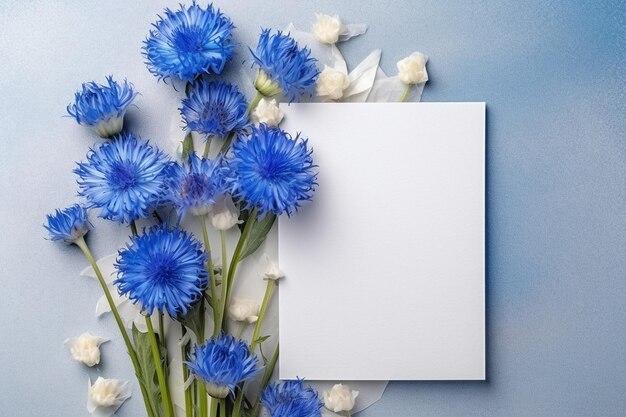 White blank card on cornflowers with copy space