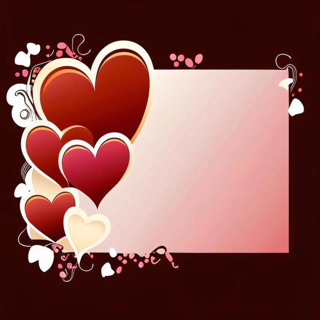 Белая пустая карточка, украшенная красными сердцами на черном фоне Сердце как символ привязанности и любви