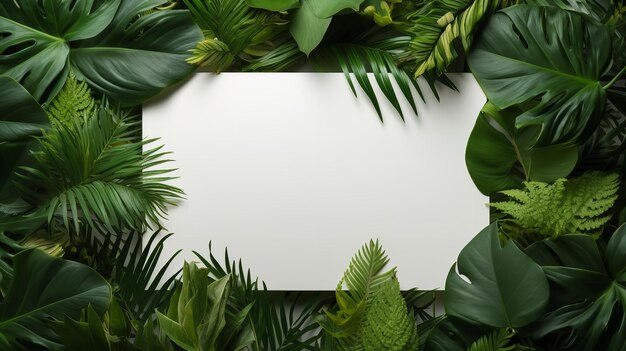 A white blank card surrounded by fresh lush tropical foliage space Generative AI