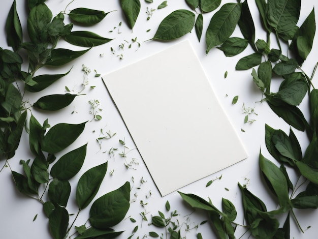 A white blank card with green leaves on it