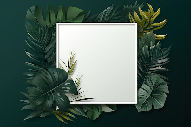 White blank card with green palm leaves with copy space background