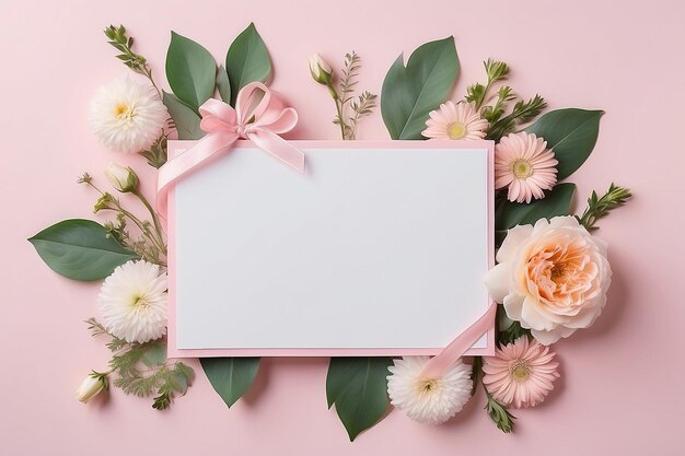 Photo white blank card with pastel flowers and ribbon on pink pale background