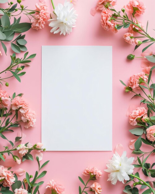 Photo white blank card with space for your own content all around decorations of white and pink flowers valentines day as a day symbol of affection and love