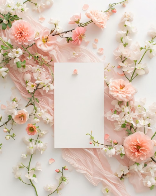 White blank card with space for your own content All around decorations of white and pink flowers Valentines Day as a day symbol of affection and love