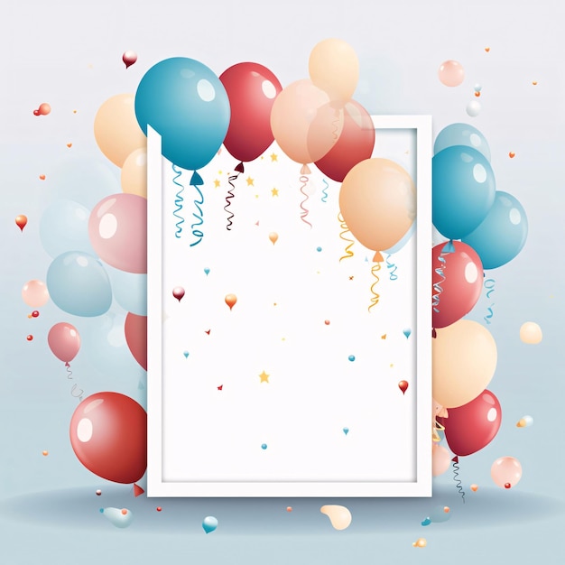 White blank card with space for your own content Around it colorful confetti and balloons Valentines Day as a day symbol of affection and love