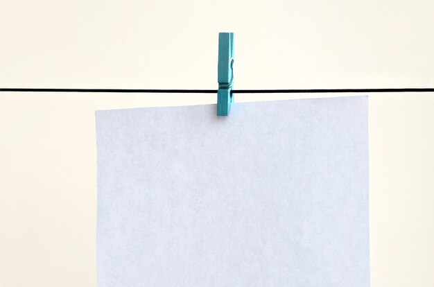 White blank cards on rope, light wall background. 