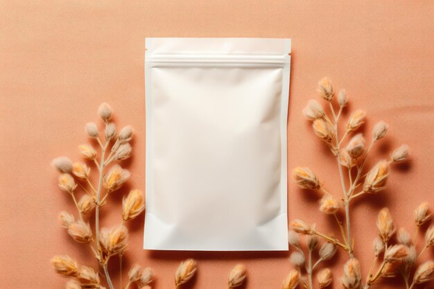 White blank coffee bag pack mockup stand up with pastel natural theme background generative ai