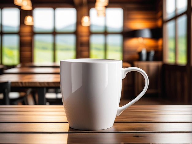 写真 内側の背景がぼやけている木製のテーブルの上に白い空白のコーヒーカップ 空白のコーヒーカップ