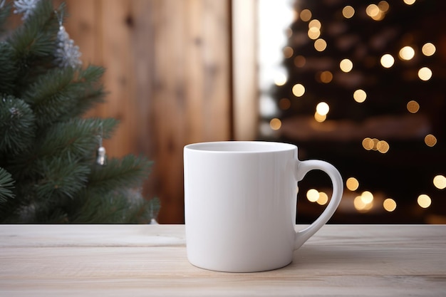 White blank coffee or tea mug with decorated christmas living room in background Generative AI illustration