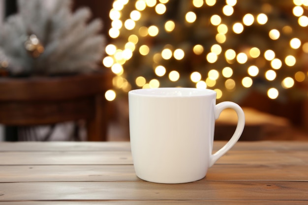 White blank coffee or tea mug with decorated christmas living room in background Generative AI illustration