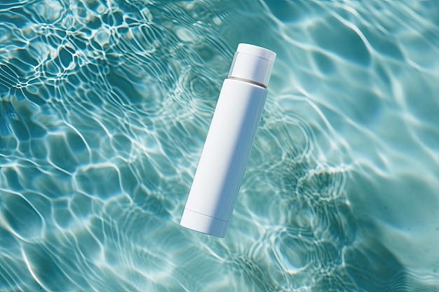 White blank cosmetic bottle tube mock up lies on the blue water surface