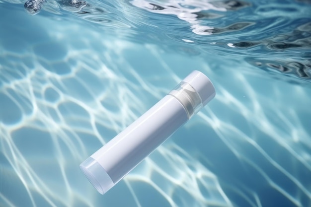 White blank cosmetic bottle tube mock up lies on the blue water surface