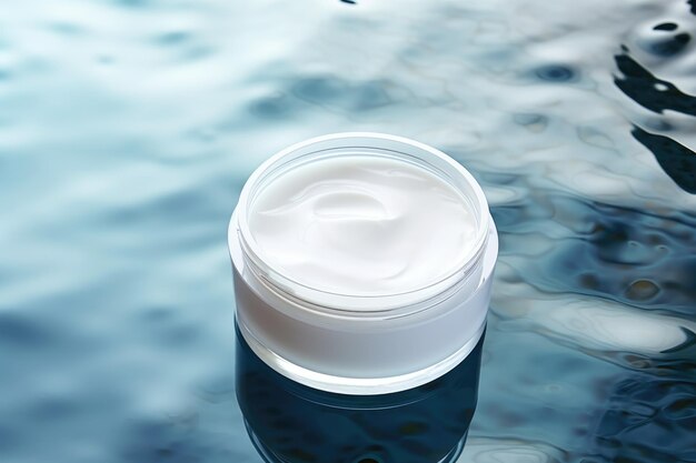 Photo white blank cosmetic jar mock up lies on the water surface