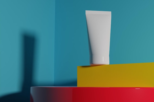 Photo white blank cosmetic tube on stage composition bright colors copy space for text or design for mockup