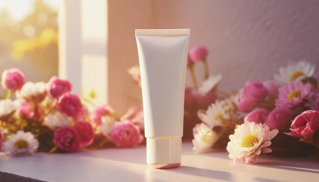 White blank cream tube beautiful spring flowers sun light