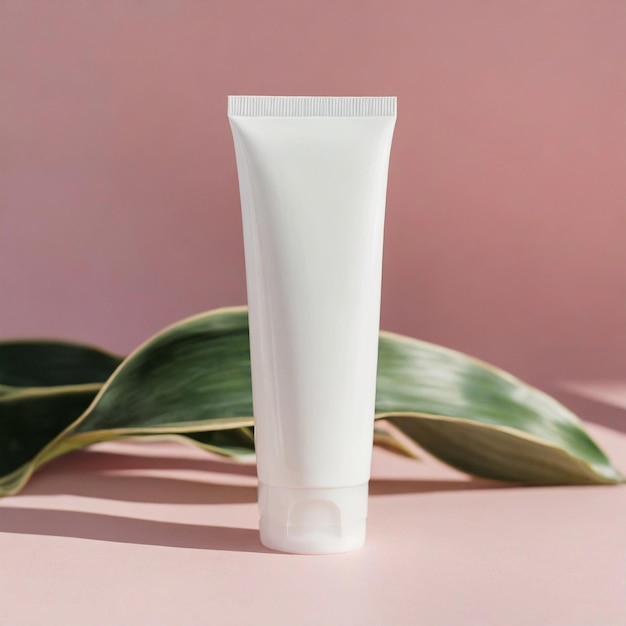 White blank cream tube and green leaves Package mock up for beauty product