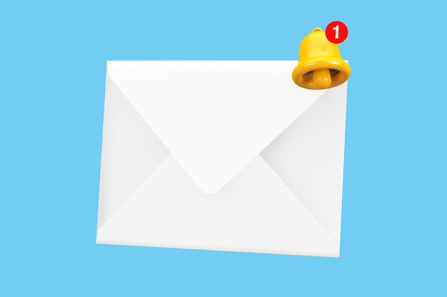 White Blank Envelope and Cartoon Social Media Notification Bell with New Message Icon 3d Rendering