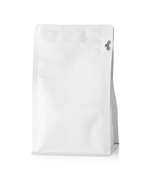 Photo white blank foil food snack sachet bag packaging with clipping path