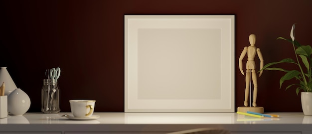 Photo white blank frame mockup for display your picture or art work on a table with decorations 3d render