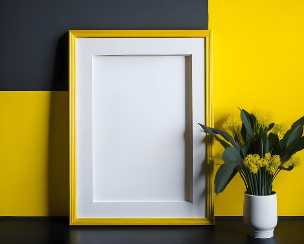 White blank frame mockup on yellow wall and flower ai generate