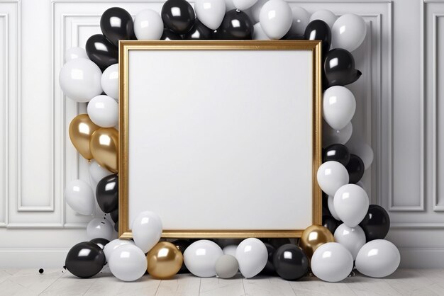 White blank frame with black and gold balloons decoration in interior room