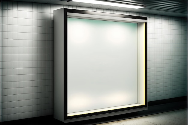 White blank lightbox mockup standing along wall in empty subway passage