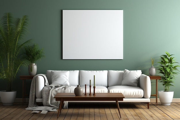 현대적인 침실 디자인의 흰색 빈 목업 캔버스 Generative AI