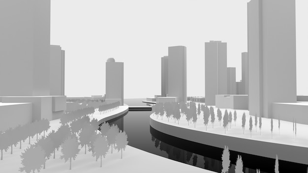 물에 의해 지어진 도시의 흰색 빈 모델