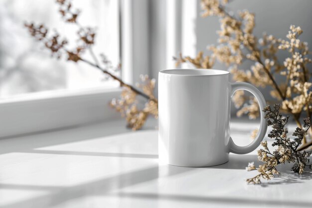 Foto white blank mug mockup in een fotografische scène gemaakt met generative ai