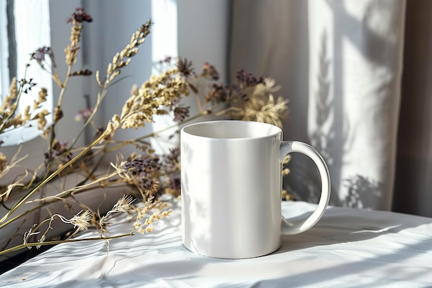 Photo white blank mug mockup in photographic scene created with generative ai