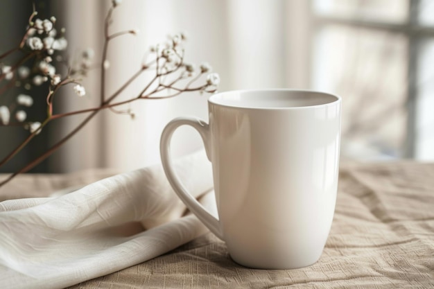 Photo white blank mug mockup in photographic scene created with generative ai