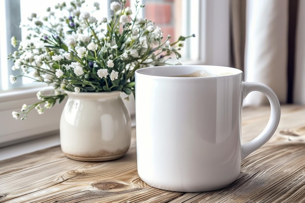 White Blank Mug Mockup in Photographic Scene created with Generative AI