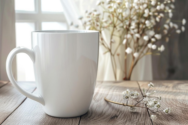 Photo white blank mug mockup in photographic scene created with generative ai