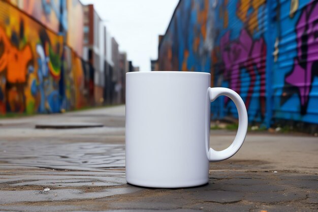 A white blank mug with handle mockup urban graffiti wall for celebration concept for your or