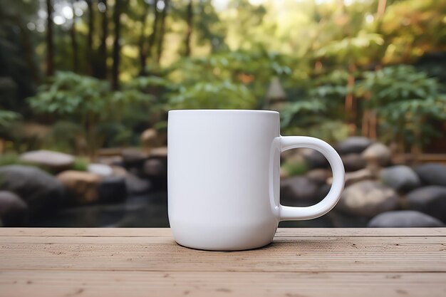 a white blank mug with handle mockup Zen Garden for celebration concept for your advertising or