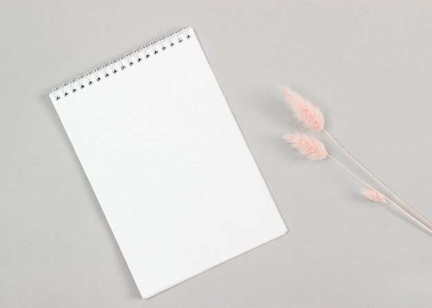 white blank notepad on a gray background with dry spikelets